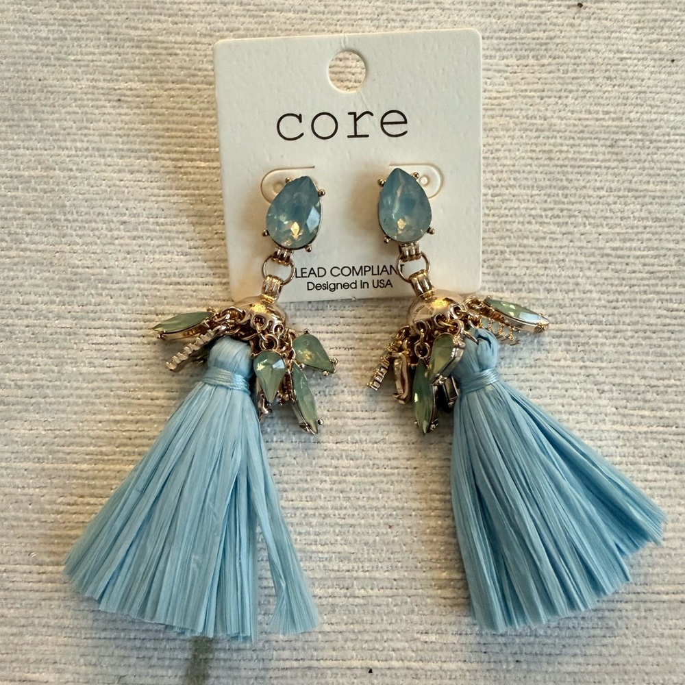 Core Rhinestine  & Blue Raffia Tassel Earrings